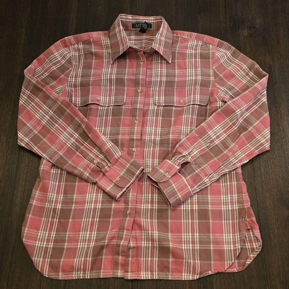 Vintage Lauren by Ralph Lauren Red and Cream Polo Collar Blouse